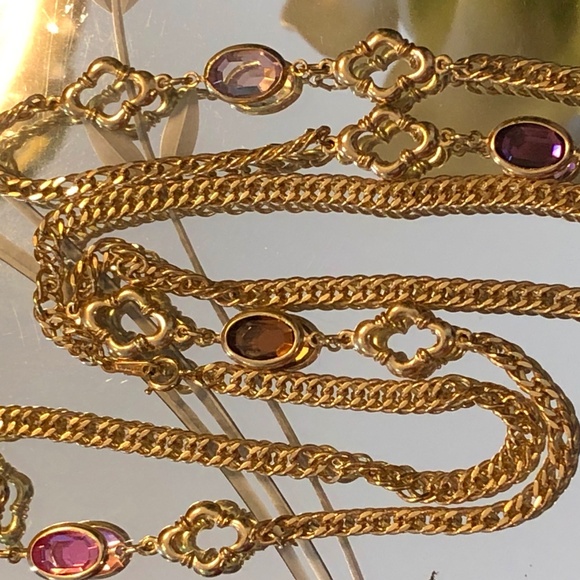 VTG 70s Gold Tone Dbl Curb Fancy Chain 36" Opera Length Necklace/Colored Stones - Picture 2 of 12